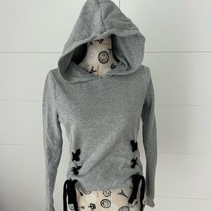 Gray Long Sleeve Hoodie with Tie Front-Size XS